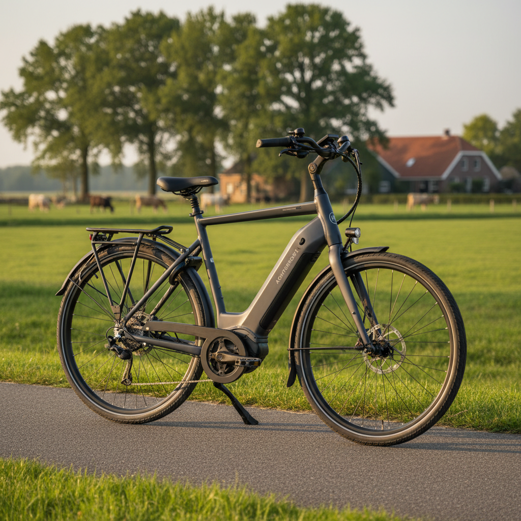 A single high-quality e-bike with a sturdy step-through frame in dark anthracite, subtle branding and integrated battery, parked beside a narrow rural cycle path just outside Winterswijk. Lush green meadows, a line of tall oaks and a distant farmhouse form a soft, out-of-focus backdrop, evoking the Achterhoek landscape. Warm late-afternoon sunlight creates a gentle golden glow on the bike’s metal surfaces and casts soft, elongated shadows along the path. Captured from a slightly low, three-quarter angle to emphasize the bike’s robust yet comfortable design, the image uses shallow depth of field to keep attention on the e-bike. The atmosphere is serene, trustworthy and slightly adventurous, rendered in photographic realism with a professional, tourism-friendly look.
