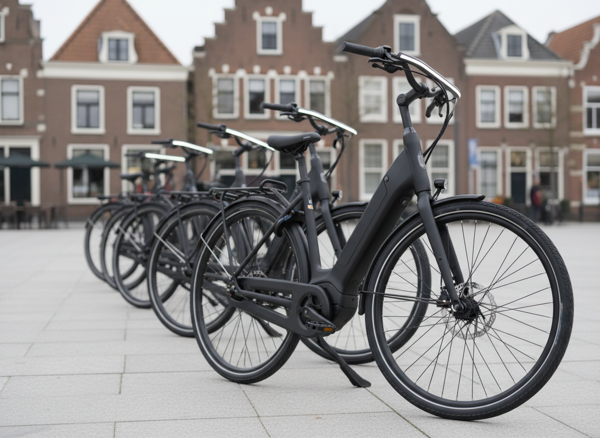 A sleek fleet of modern e-bikes in deep matte black and subtle metallic silver, neatly lined up on a clean, light-grey paved square in the center of a small Dutch town. In the blurred background, traditional brick buildings with gabled roofs from Winterswijk suggest a charming Achterhoek setting without dominating the scene. Soft, bright overcast daylight provides even, shadow-free illumination, highlighting the frames, batteries, and integrated lights of the bikes. Photographed at eye level with a slight diagonal angle, the front e-bike is in crisp focus while the others gently recede into a bokeh background. The mood is professional, inviting and reliable, with photographic realism and a clean, modern aesthetic ideal for a business homepage hero image.