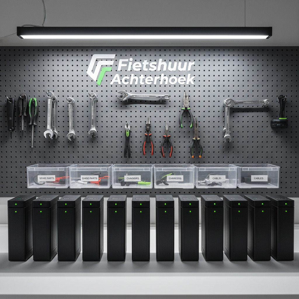 A tidy row of freshly charged e-bike batteries arranged on a clean white workbench in a professional rental workshop. Behind them, neatly organized wall-mounted tools, labeled storage bins and a clearly visible “Fietshuur Achterhoek” logo on a pegboard emphasize reliability and maintenance quality. Cool, even LED workshop lighting creates crisp, shadowed contours on each battery housing, accentuating textures in the matte black plastic and metallic contacts. The camera captures the scene from a slightly elevated front angle with sharp focus across the entire frame, highlighting system and order. The mood is efficient, technical and trustworthy, presented in clear photographic realism, ideal for a page explaining safety, maintenance or the professionalism behind the rental service, without feeling cluttered or industrially harsh.