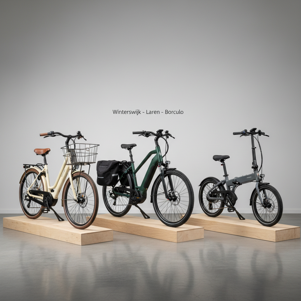 Three distinct e-bike models standing side by side in a minimalist indoor showroom: a comfortable step-through city e-bike, a robust trekking e-bike with pannier rack, and a compact folding e-bike. Each bike stands on a light oak platform against a neutral, light-grey wall with subtle signage of “Winterswijk – Laren – Borculo” in small, tasteful lettering. Soft studio lighting from above and slightly to the side creates gentle highlights on the frames and clearly reveals textures on tires, saddles and grips. The floor is polished concrete, reflecting a faint, clean sheen beneath the bikes. Photographed straight-on at eye level with sharp focus throughout, the composition is balanced and uncluttered. The mood is professional, clear and informative, with realistic, catalog-style photographic detail ideal for a “our e-bikes” overview.
